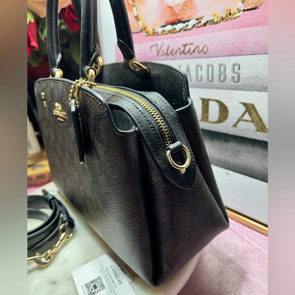 Coach Mini Lillie Carryall in signature coated canvas and smooth black leather. - Picture 10 of 12